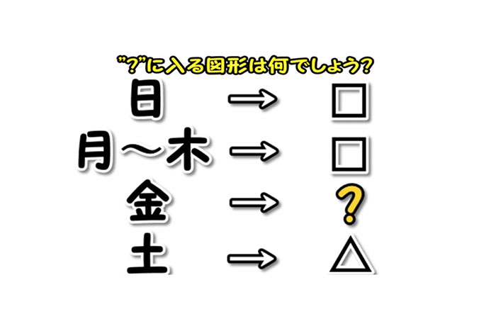 【大人には解けないクイズ】月～木＝□、土＝△、金＝さて何でしょう？