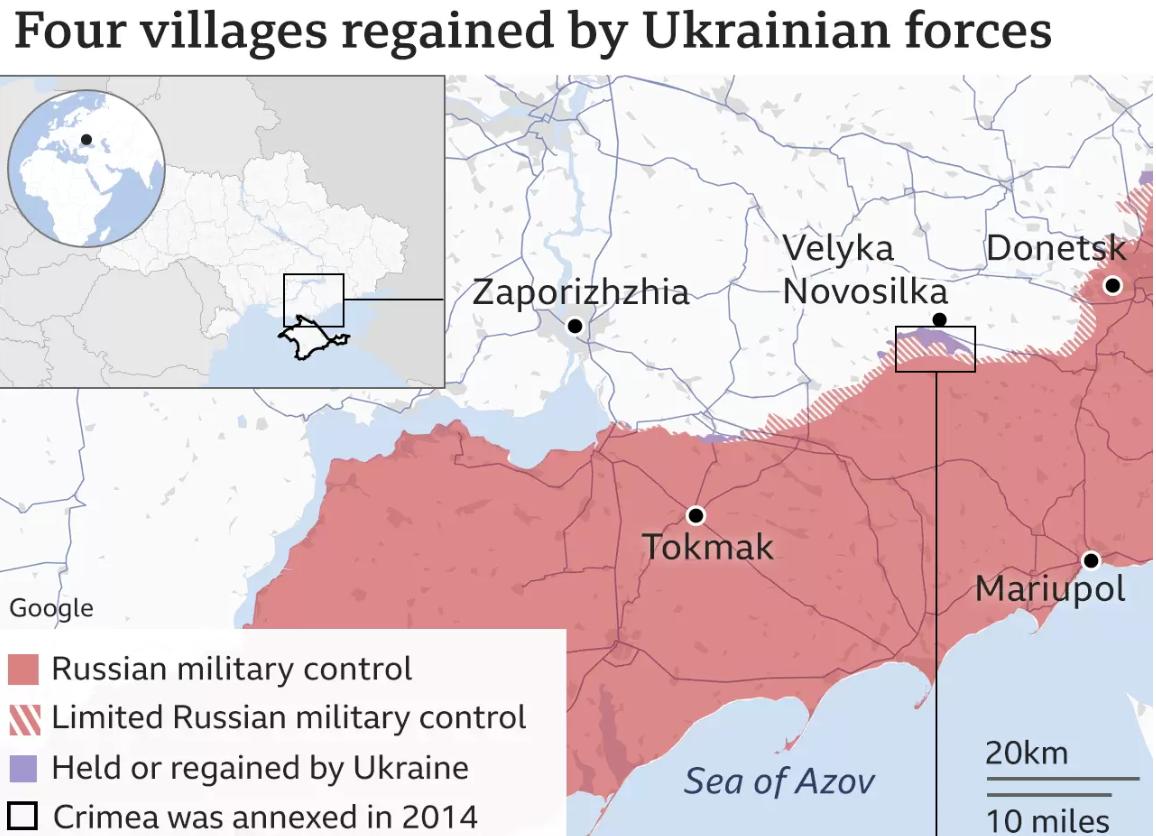 ウクライナ軍が奪還した集落の位置 出典：BBC News