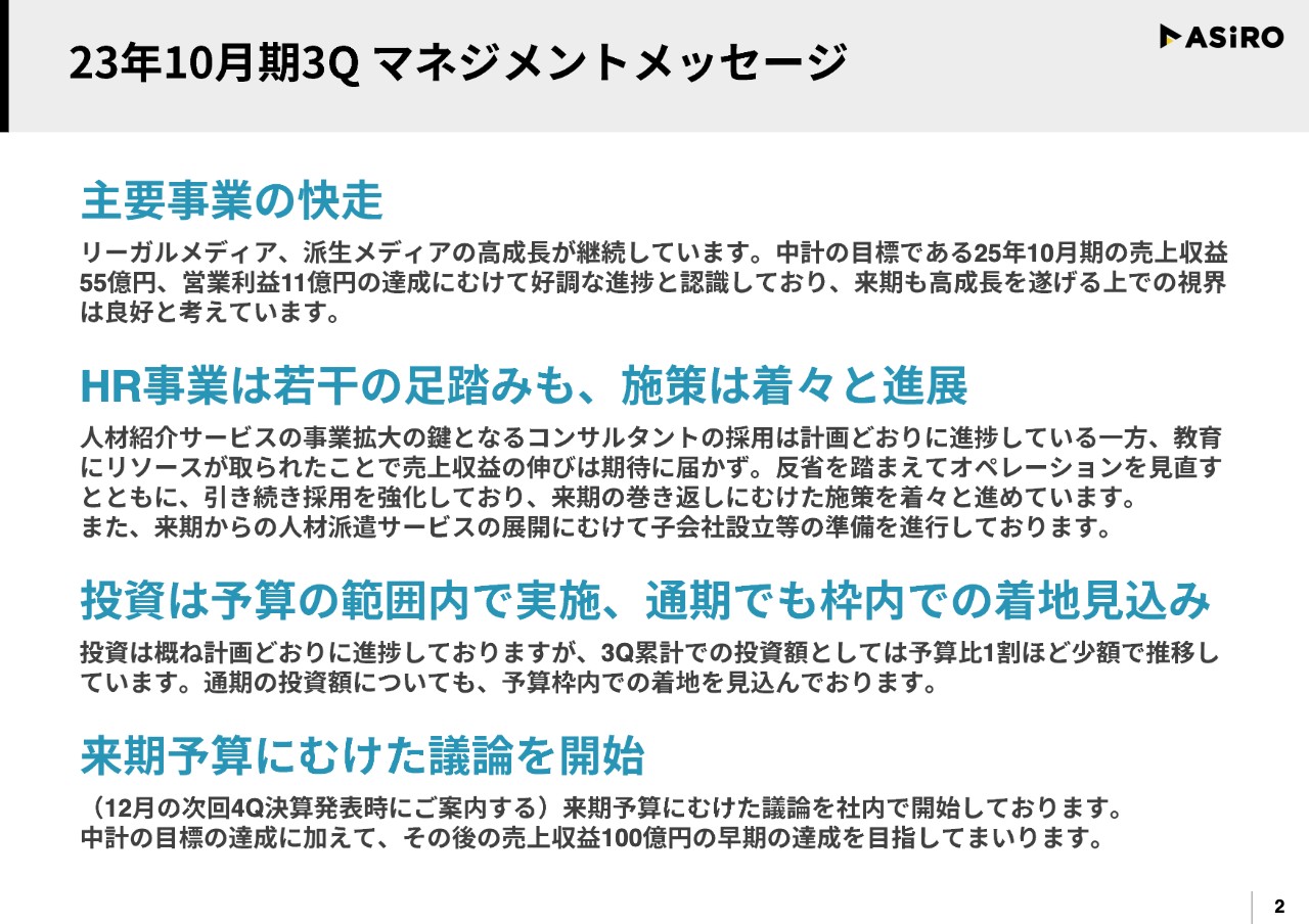 【QAあり】アシロ、3Q累計の売上収益はYoY+40％超　「キャリズム」が好調な派生メディア事業の高成長が寄与