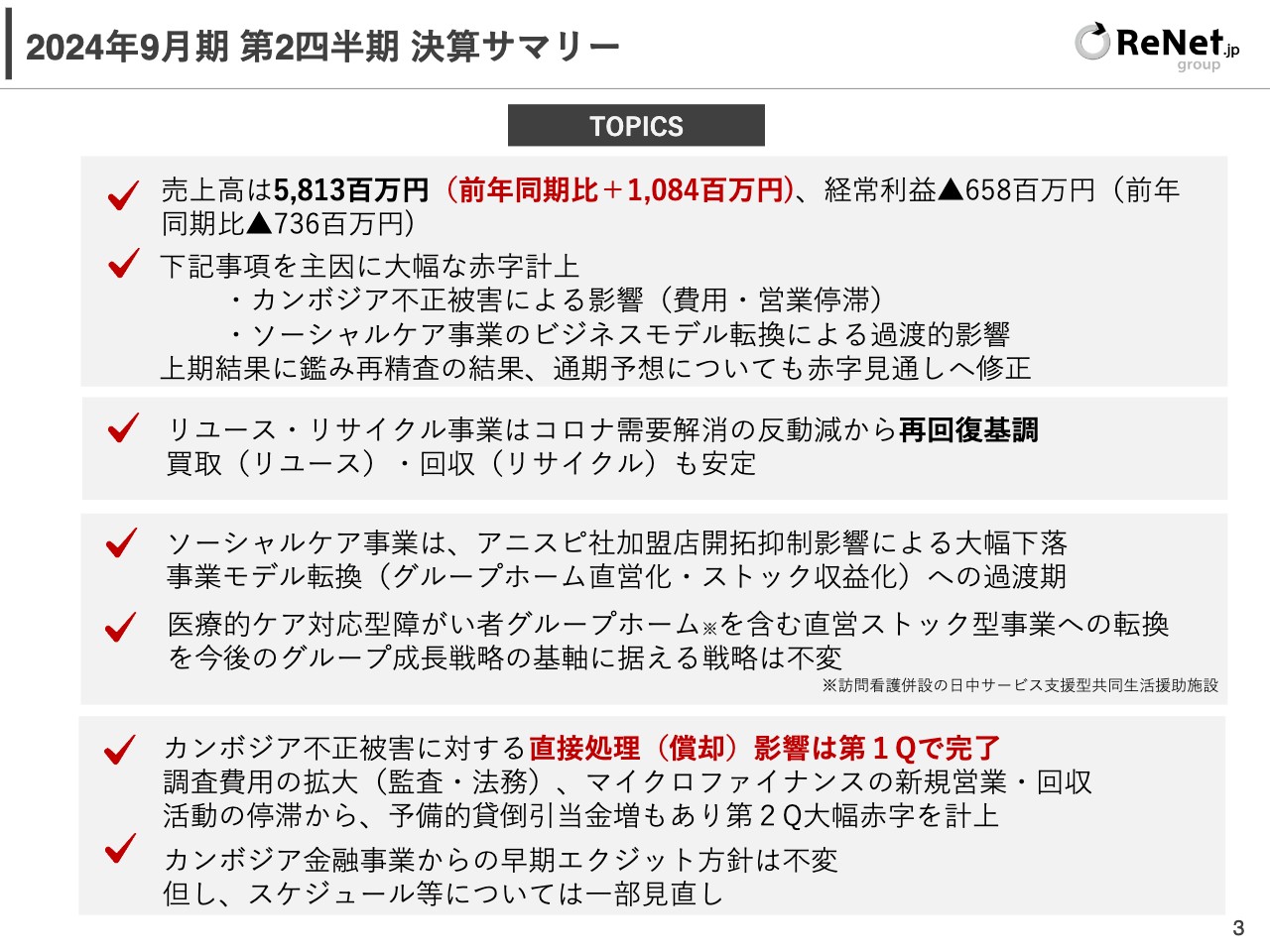 【QAあり】リネットジャパングループ、アニスピ社連結化の影響により増収も、カンボジア不正被害対応により赤字拡大