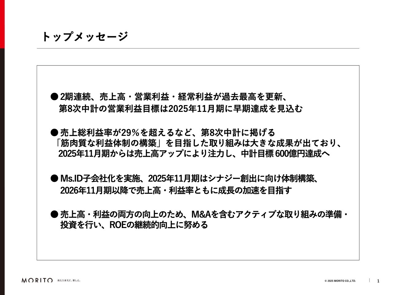 【QAあり】モリト、2期連続、売上高・営業利益・経常利益が過去最高を更新　中計の営業利益目標を2025年に早期達成見込み