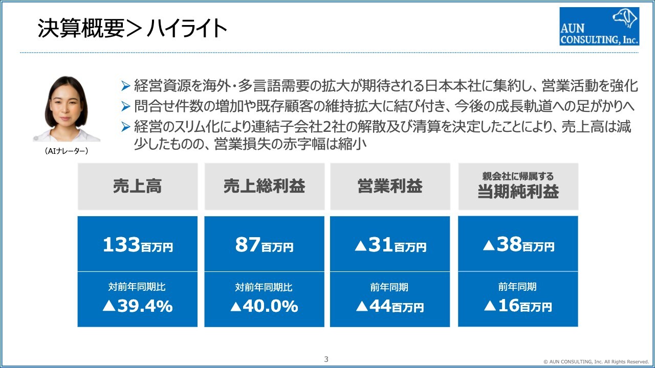 【QAあり】アウンコンサルティング、経営資源を日本本社に集約し営業活動を強化　グループの合理化・効率化へ