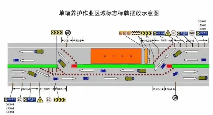 事故車は右から左へ走行していた。コンクリート製の中央分離帯（緑）を一部開け、反対車線に誘導して迂回をする誘導路を設定していた。