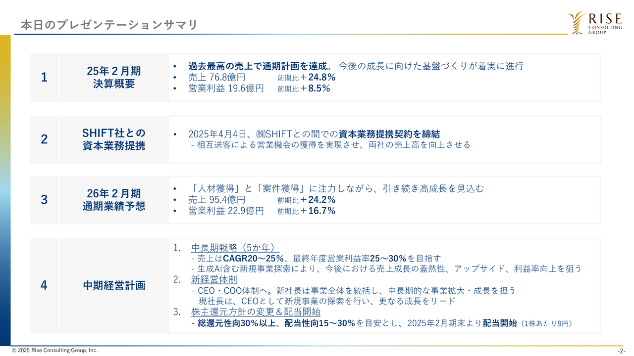 ライズ・コンサルティング・グループ、過去最高の売上高を達成　SHIFT社との資本業務提携、中計と配当開始も発表