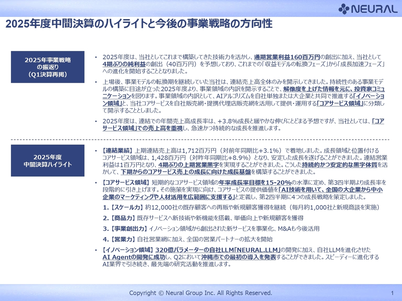 【QAあり】ニューラルグループ、4期ぶりの上期営業黒字化を達成　全国1万社超の顧客基盤を持つコアサービス領域を軸に成長加速フェーズへ