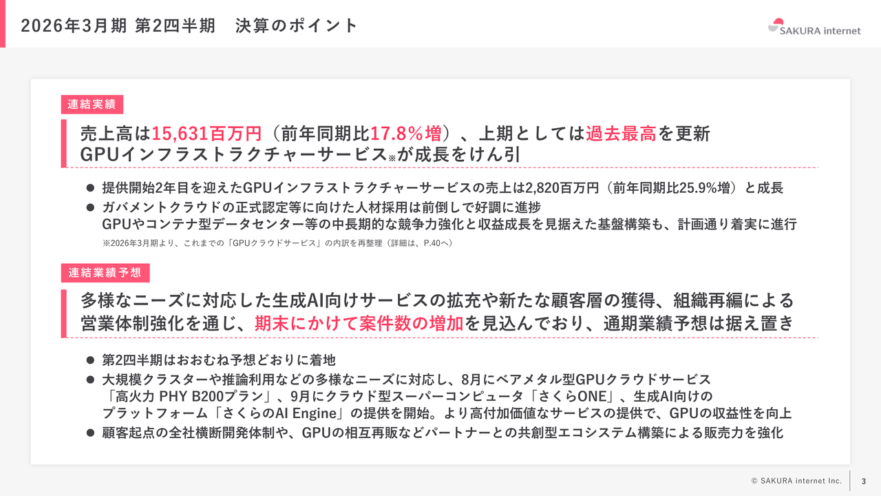 さくらインターネット、売上高前年比＋17.8％と上期過去最高更新　需要拡大で生成AI向けサービスの大幅伸長が寄与