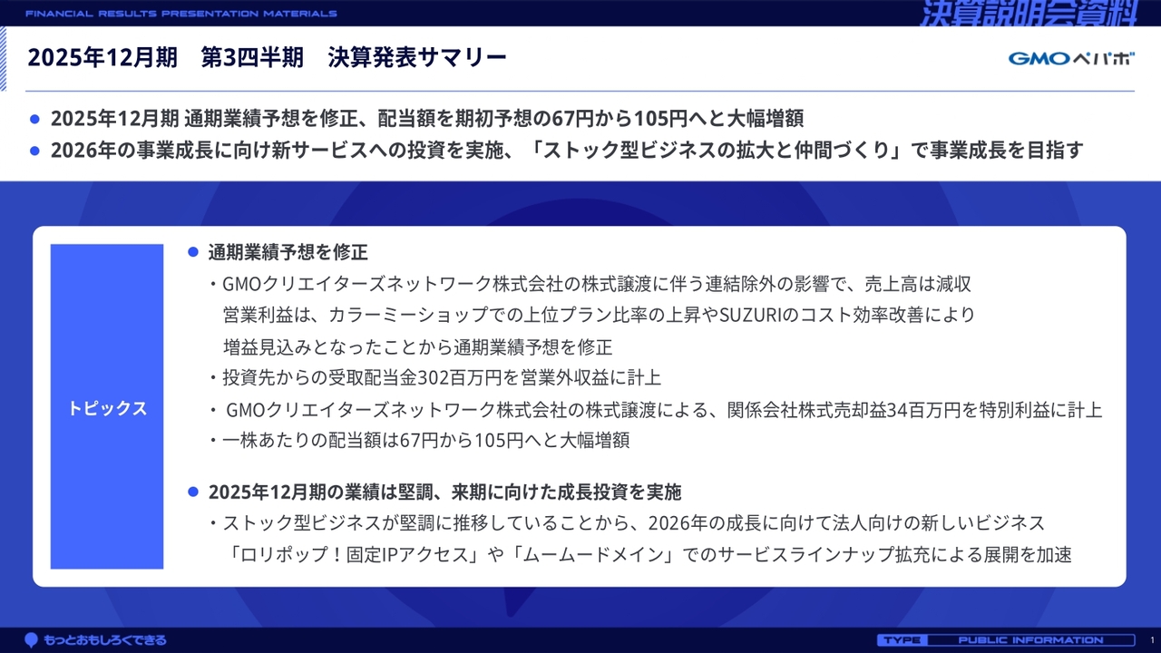 GMOペパボ、通期予想を上方修正し経常利益が大幅増、配当額を期初予想の67円から105円へ増額