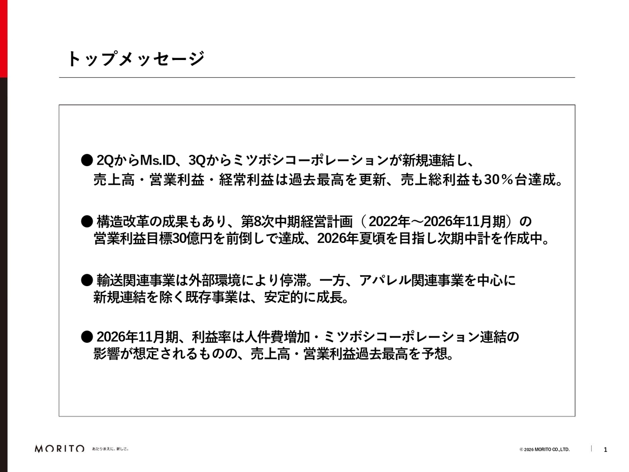 モリト、中計営業利益目標30億円を前倒しで達成　子会社の新規連結が寄与し売上高・営業利益・経常利益は最高値更新　