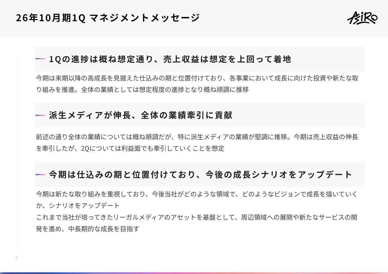 アシロ、戦略的投資や新規取り組み推進も、売上収益は想定を上回る　株主還元を強化し、配当性向は40%超に変更