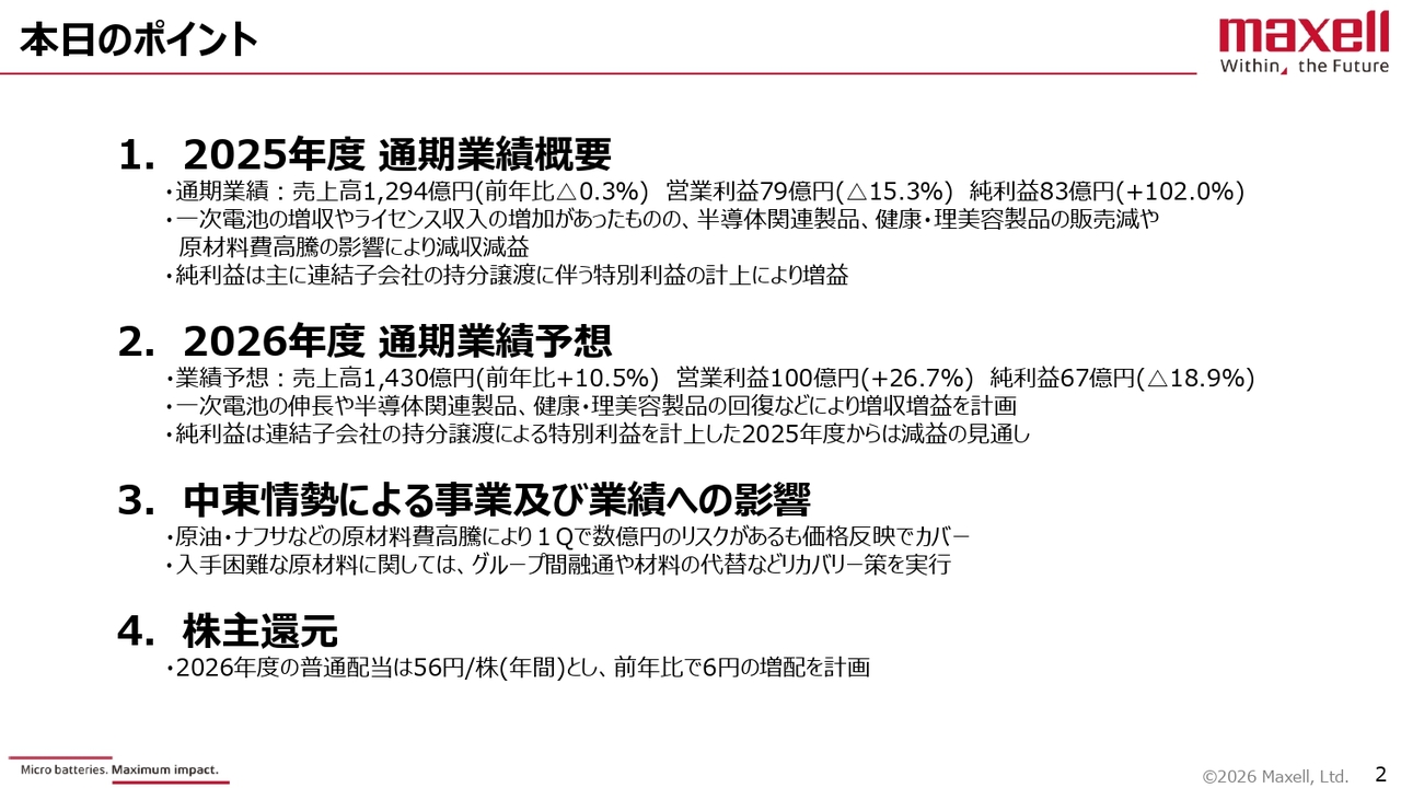 マクセル、既存事業の成長に加えマクセルサクラ社の事業譲受により、2026年度は増収増益を見込む