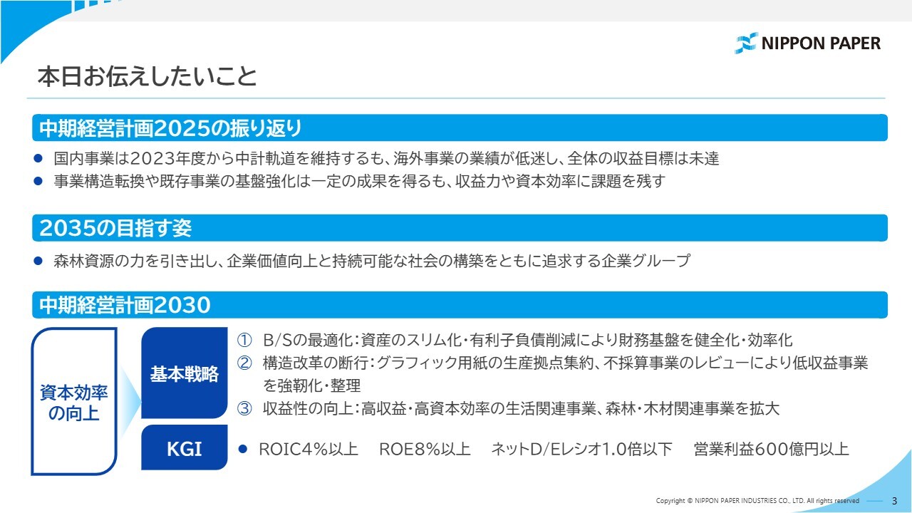 日本製紙、中計2030でROE8％以上、営業利益600億円以上へ　グリーン戦略により森林・木材関連事業を拡大
