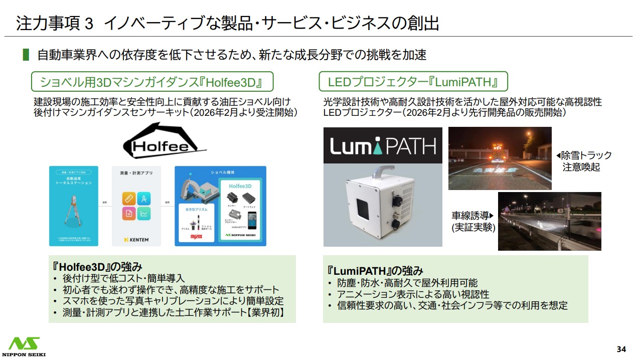 日本精機株式会社 2026年3月期 決算説明会資料 P34 https://www.nippon-seiki.co.jp/wp-content/uploads/ir_2025_4q.pdf
