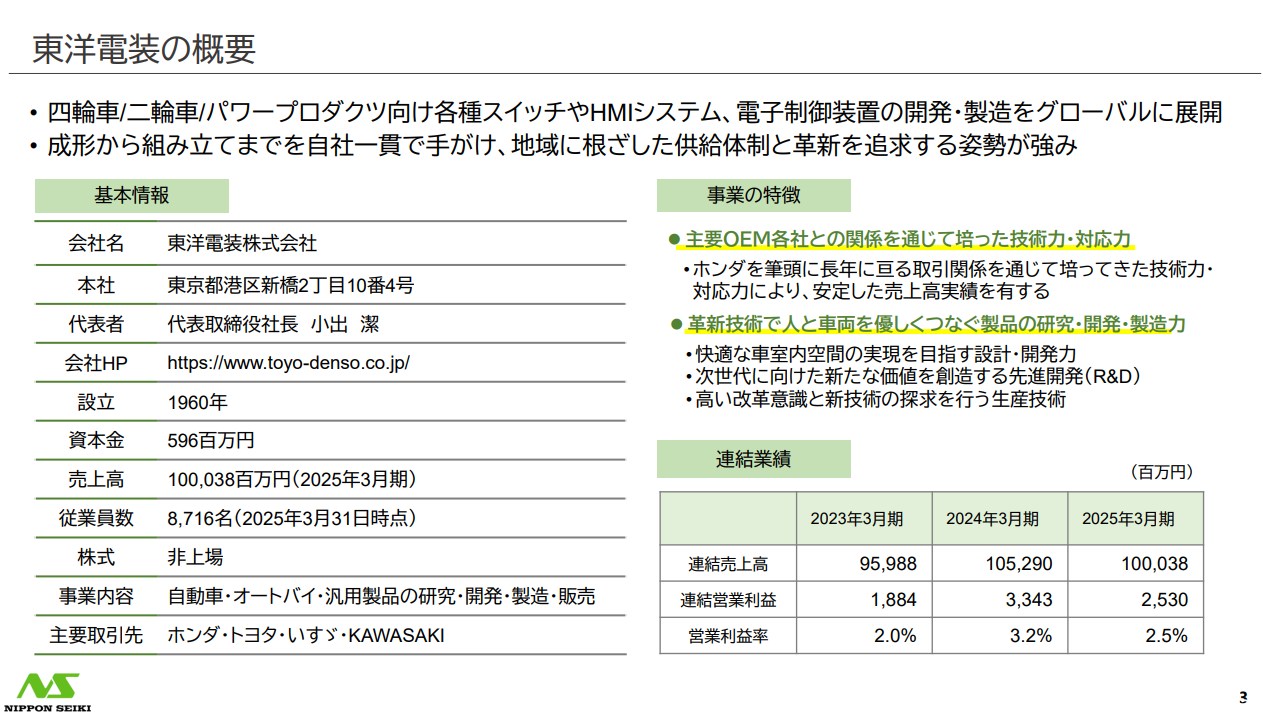 日本精機株式会社 東洋電装株式会社の株式取得(子会社化)について P3 https://www.nippon-seiki.co.jp/wp-content/uploads/ir_20260420.pdf