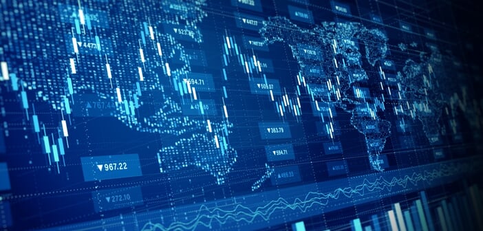 Digital,Candlestick,Chart,Over,A,World,Map,In,Blue.,Ideal