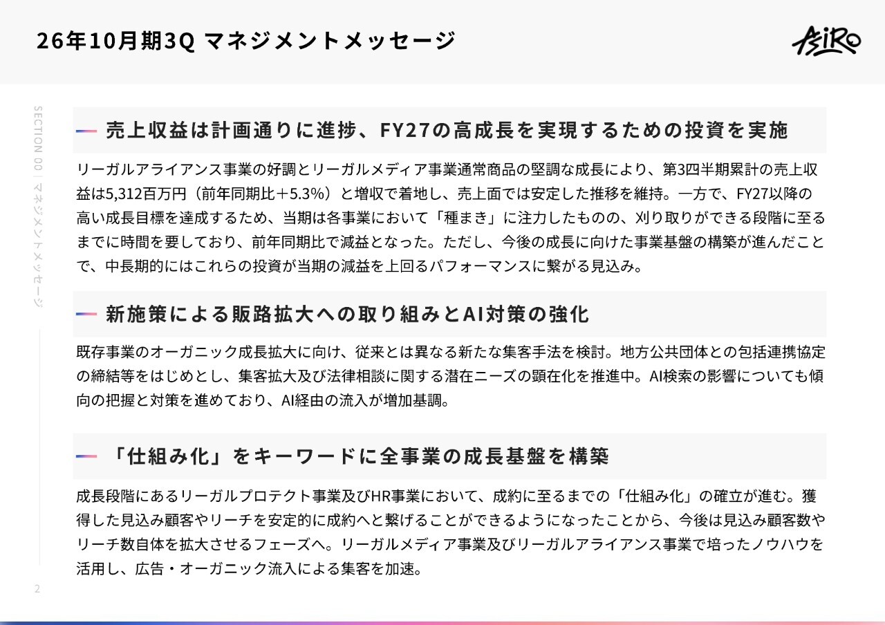 アシロ、リーガルメディア事業で自治体連携・動画・AI施策を強化　利益率改善や直販伸長など複数施策で来期成長へ