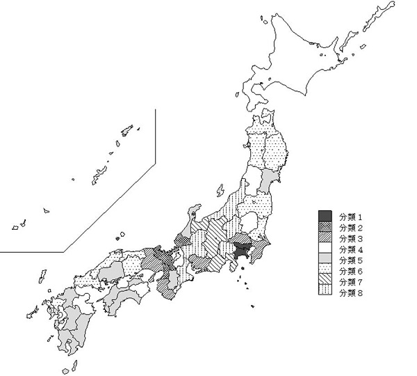 10大費目別地域差指数によるクラスター分析　都道府県別分布