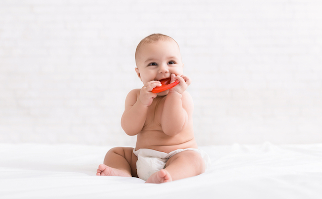 Infant,Growing,First,Tooth.,Cute,Newborn,Baby,Biting,Teether,In