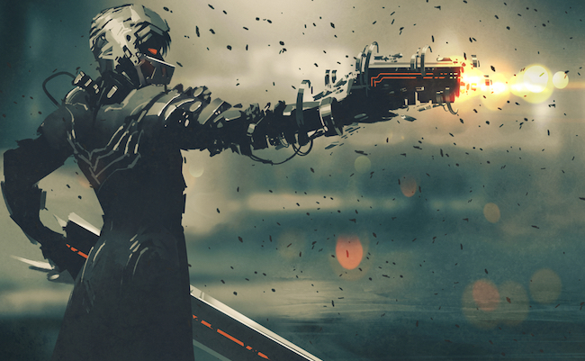 Sci-fi,Gaming,Character,In,Futuristic,Suit,Aiming,Weapon,shooting,Gun,illustration