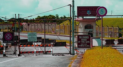 NAHA, JAPAN -29 JUL 2017- Entrance of the Kadena Air Base, a United States Air Force Base in Naha. Okinawa is home to a large American military presence of United States Forces if Japan.