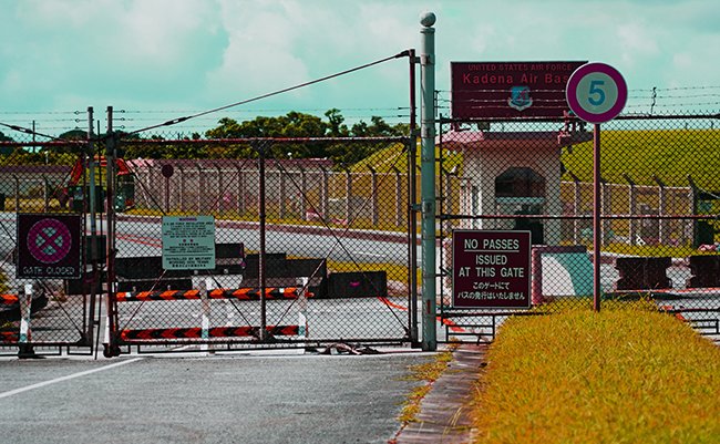 NAHA, JAPAN -29 JUL 2017- Entrance of the Kadena Air Base, a United States Air Force Base in Naha. Okinawa is home to a large American military presence of United States Forces if Japan.
