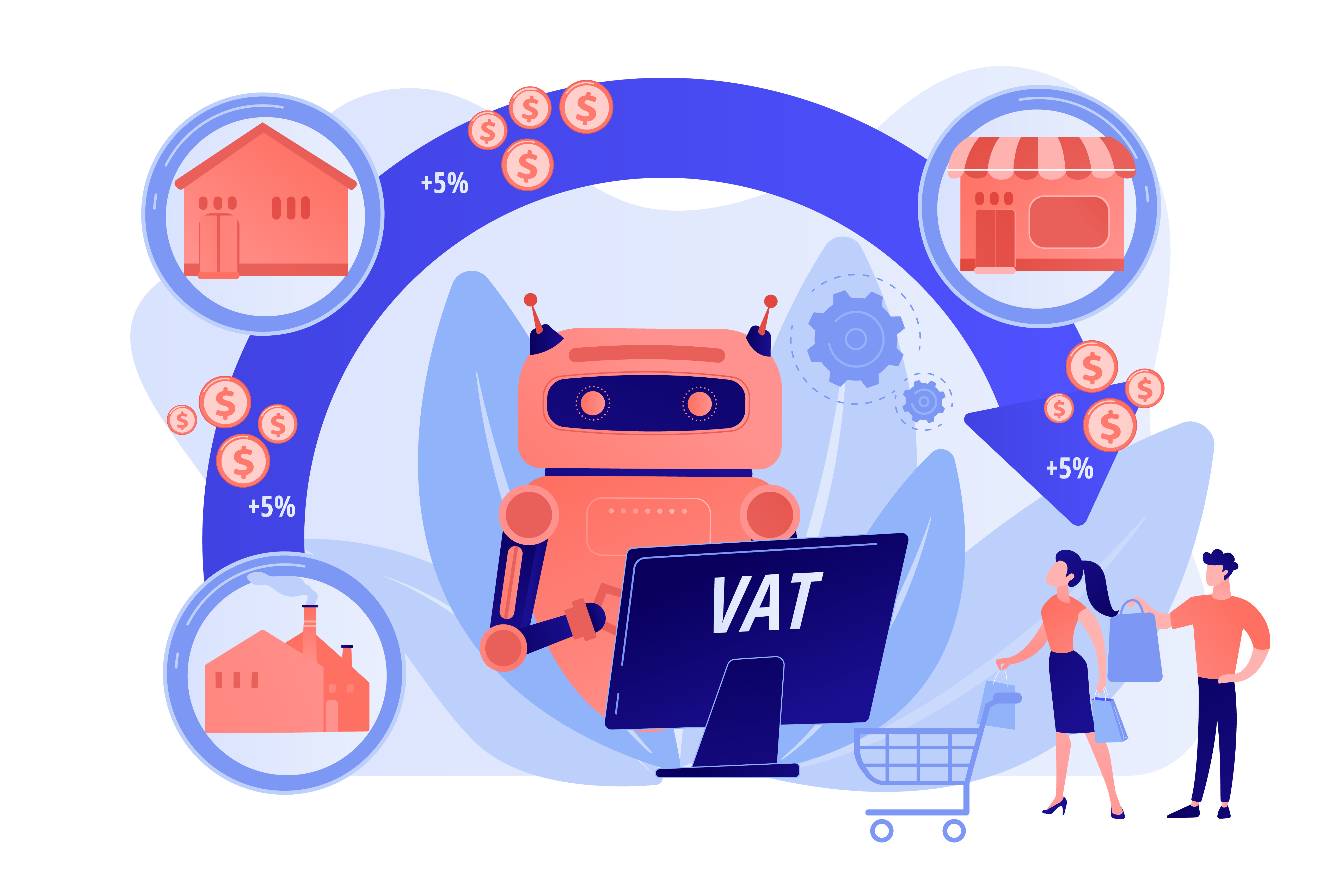 Artificial intelligence, ai calculating taxation multiplier. Value added tax system, VAT number validation, global taxation control concept. Pinkish coral bluevector isolated illustration