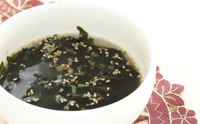 Korean food, seaweed wakame and sesame seed soup