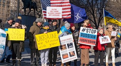 NEW YORK, NY - JANUARY 22, 2022: Hundreds of people holding signs and flags participated at a "Stand With Ukraine" rally in Union Square amid threat of Russian invasion of the Ukraine.