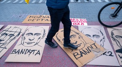 Warsaw, Poland, 25 of February 2022, Demonstration of Ukrainians and Poles in front of the Embassy of Russian Ferderation. Pictures of Putin on cardboard sheets prepared to be trampled on by people