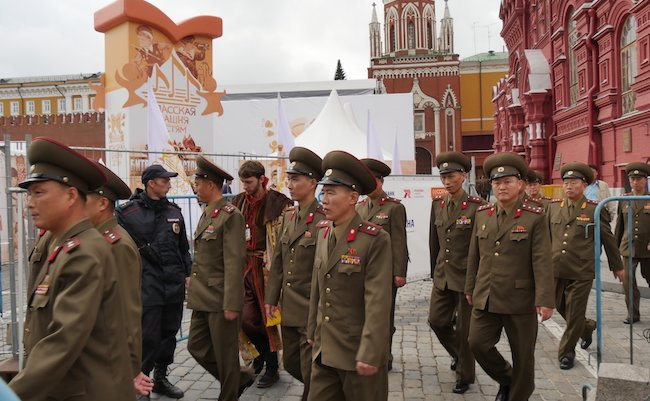 North Korean Soldiers. North Korea big Armed Force and Pyongyang Dictator Kim Jong Un used Military Power to threaten a Nuclear War against the United States. Moscow 29 August 2015.