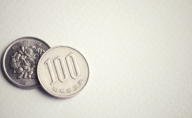 Japan coin # 100 yen on composition copy space paper background ( Japan alphabet )