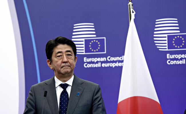 Japan's Prime Minister Shinzo Abe attends in an EU-Japan summit in Brussels, Belgium May 3, 2016.