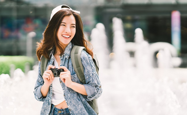 Young,Beautiful,Asian,Backpack,Traveler,Woman,Using,Digital,Compact,Camera