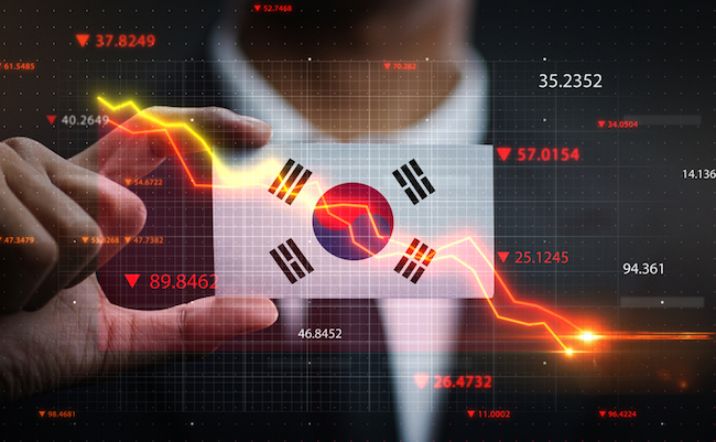 Graph Falling Down in Front Of South Korea Flag. Crisis Concept
