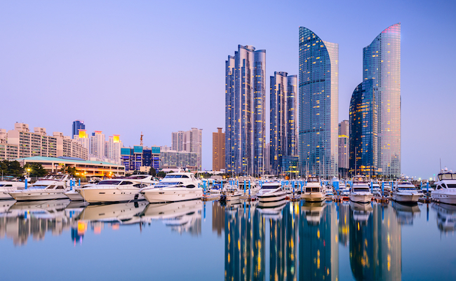 Busan, South Korea city skyline in the Haeundae district.