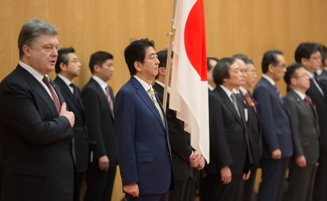 TOKYO, JAPAN - Apr 06, 2016: Meeting between President of Ukraine Petro Poroshenko and Prime Minister of Japan Shinzo Abe, in Tokyo