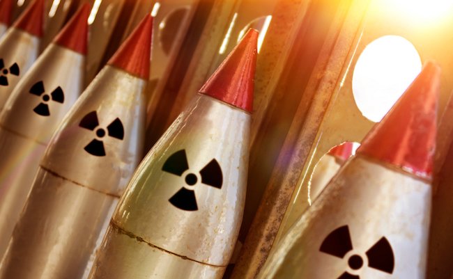 The nuclear warheads of a ballistic missile are aimed upwards for a nuclear strike. army weapons. the threat of a weapon.