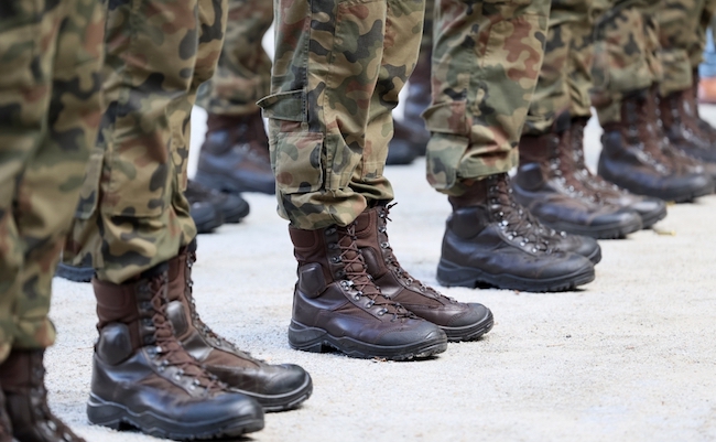 Military boots on the legs of soldiers in a row.