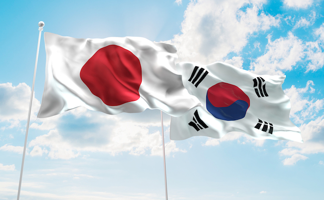 3D illustration of Japan & South Korea Flags are waving in the sky