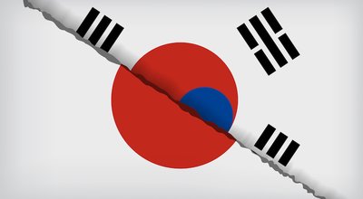 concept of economic and patriotic confrontation between the two countries. Flags of Japan and South Korea
