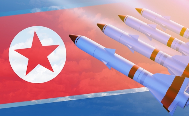 North,Korean,Nuclear,Weapons,Concept.,Rockets,Next,To,Flag,Of