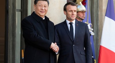 PARIS, FRANCE - MARCH 25, 2018 : The french president Emmanuel Macron welcoming chinese President Xi Jinping  during his state visit in France at the Elysee Palace.