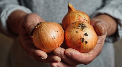 hands of a farmer holding an onion