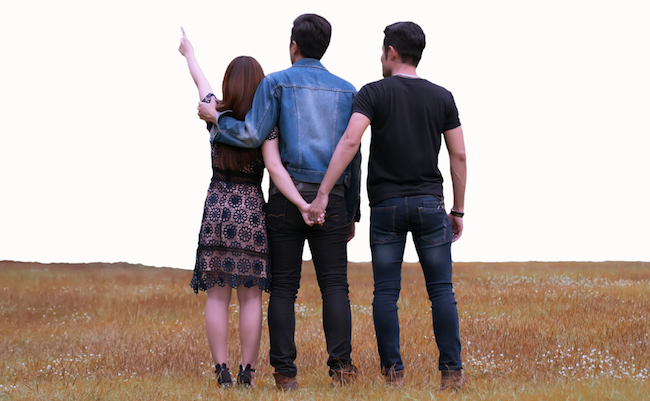 Love triangle. Young woman in relationship with two men.back view of threesome love friends of two men and one woman isolated on white background