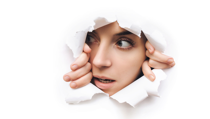 Surprise.,Portrait,Of,A,Young,Caucasian,Woman,Looking,Through,The