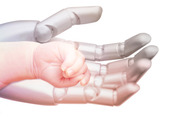 Robot,Takes,Care,Of,Little,Kid.,Hand,Of,A,Robot