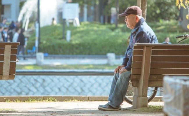 Oct,27,,2016:,Hiroshima:-,Senior,Adult,Man,Sits,Alone,At