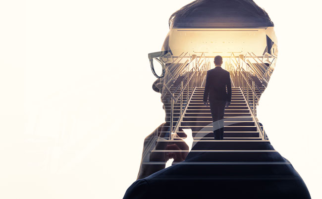Double,Exposure,Of,A,Businessman,And,Stairs.,Success,Of,Business