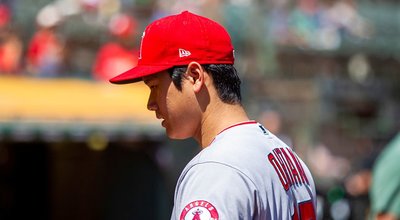 Oakland, California - August 10, 2022: Los Angeles Angels DH Shohei Ohtani walks on the field before a game against the Oakland Athletics at the Oakland Coliseum.