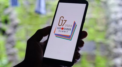 Jakarta, January 04,2023: The 49th G7 summit logo displayed on smartphone. The conference will take place from May 19th -21st 2023 in Hiroshima, Japan. "G7" for " Group of Seven". G7 logo
