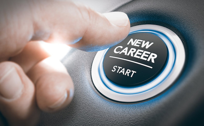 Finger pressing a new career start button. Concept of occupational or professional retraining or job opportunities. Composite between a hand photography and a 3D background